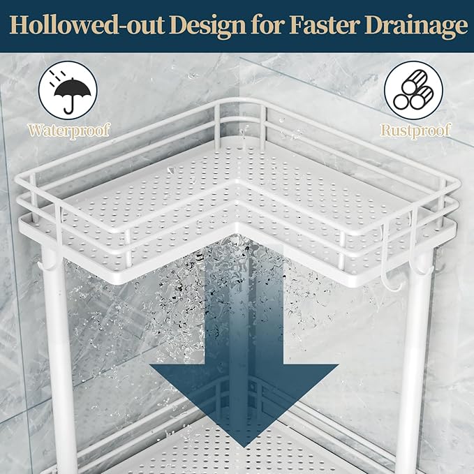 Consumest Corner Shower Caddy Standing - 4-Tier Stainless Steel Shower Organizer with Soap Holder and 4 Hooks, Large Capacity Corner Shelf Stand for Bathroom, Rest Room, White