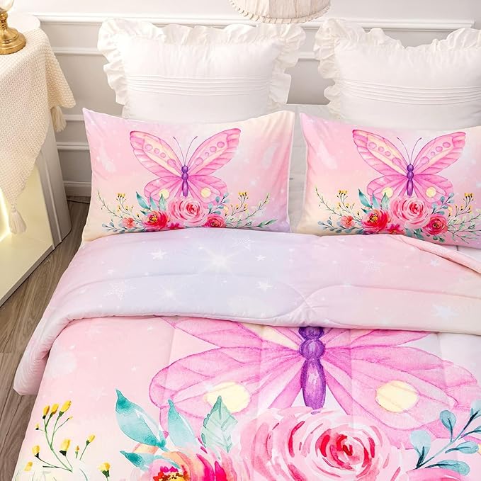 CVHOUSE Butterfly Comforter Set King for Girls Women - 3 Piece Bedding Set With 1 Comforter and 2 Pillowcases - Butterflies Bedspread, Duvet, Quilt Set