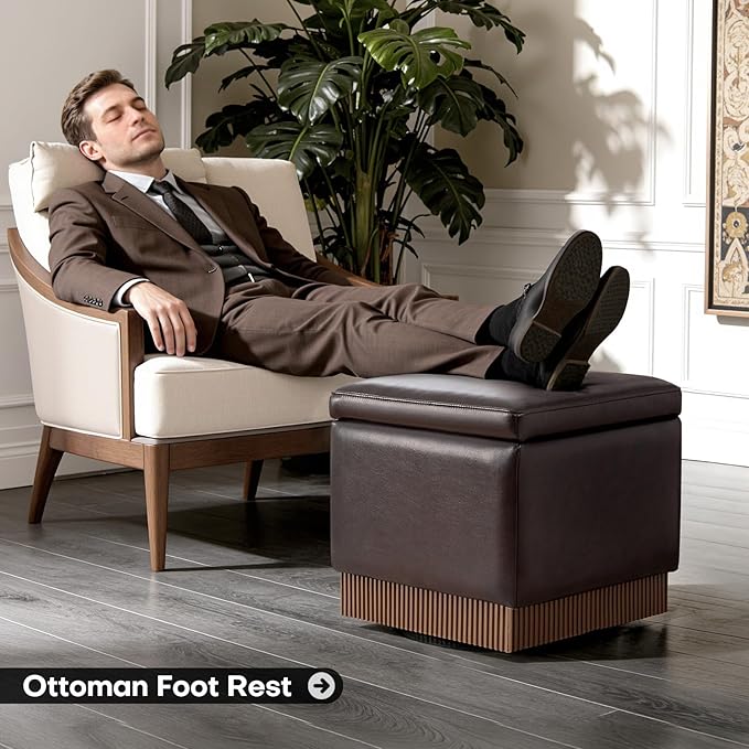 Square Ottoman with Storage,Swivel Vanity Stool-Faux Leather Foot Rest,Upholstered Footstool Pouf with Sturdy Acacia Wood Frame(500lbs),Small Coffee Table & Hidden Storage for Living Room