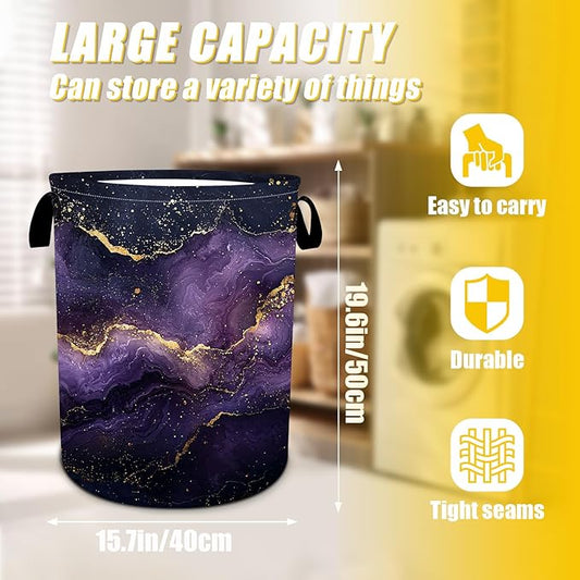 Purple Gold Marble Laundry Basket,Foldable Oxford Cloth Funny Tote Bag Laundry Hamper Clothes Storage Bucket Toy Organizer For Bathroom Laundry Storage Bedroom 18.9x16.5