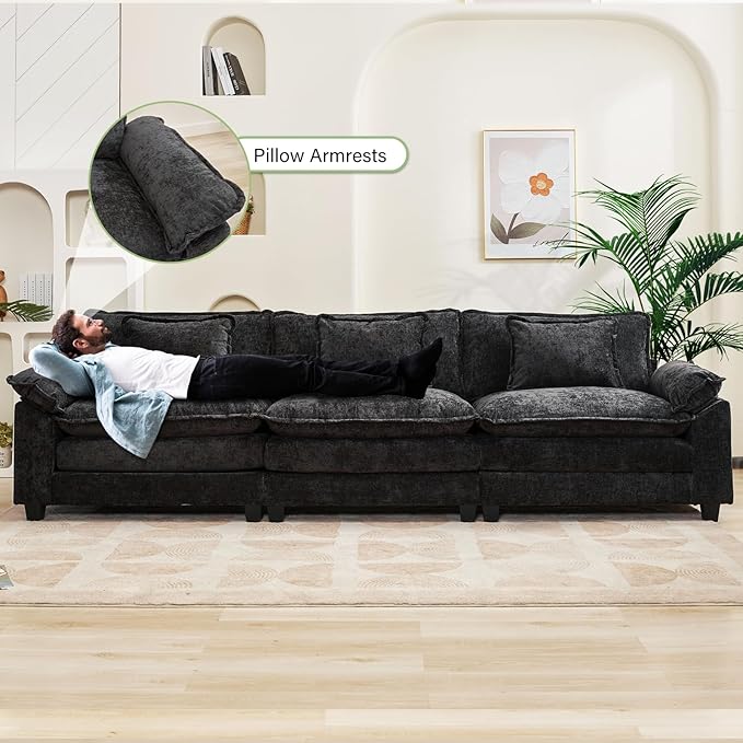 120" Modular Sectional Sofa, Comfy Cloud Couch Sectional Sofa, Chenille Sofa Sleeper Deep Seat Sofa with Throw Pillows for Living Room (Black, 120"- 3 Seater)