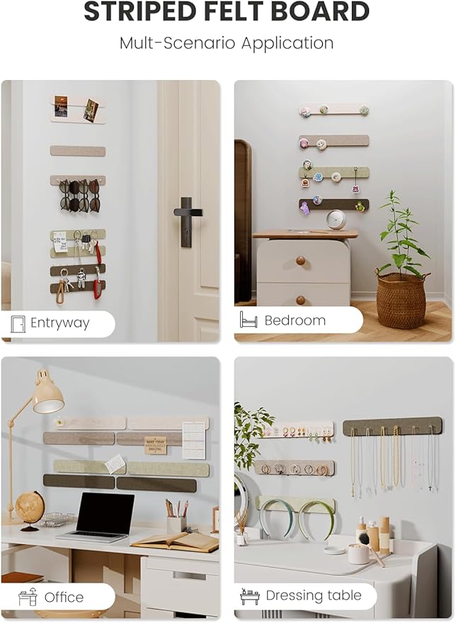 Cork Board Alternative Felt Strip Board 8-Pack 13"x2", Office Pin Board with 50 Push Pins, Adhesive Install for Bedroom Door & Home Office(Linen Dusk)