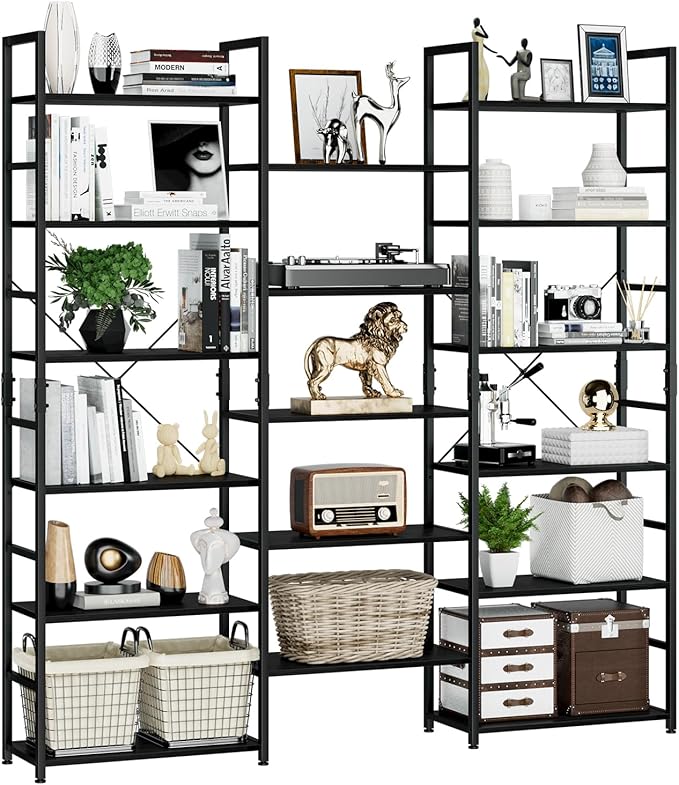 NUMENN Triple Wide 6 Tier Bookshelf, Rustic Industrial Style Bookcases and Bookshelves with 17 Open Display Shelves, Modern Tall Bookcase Furniture for Bedroom, Living Room and Home Office, Black