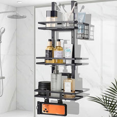 Over the Door Shower Caddy Hanging, Rustproof Shower Shelves with Waterproof Phone Pouch, 3-Tier Adjustable Bathroom Organizers and Storage, No Drilling Shower Shelf, Black Shampoo Soap Holder