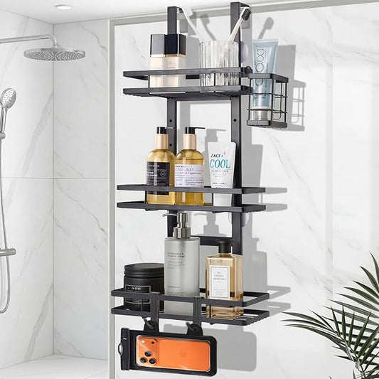 Over the Door Shower Caddy Hanging, Rustproof Shower Shelves with Waterproof Phone Pouch, 3-Tier Adjustable Bathroom Organizers and Storage, No Drilling Shower Shelf, Black Shampoo Soap Holder