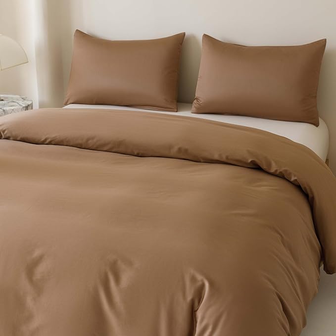 HeimenAogo Egyptian Cotton Duvet Cover Queen Size Sateen Weave, Silky Soft and Breathable Bedding Set with Zipper Closure, Long Staple Cotton Bed Linen Brown 3Pcs (90"×90")