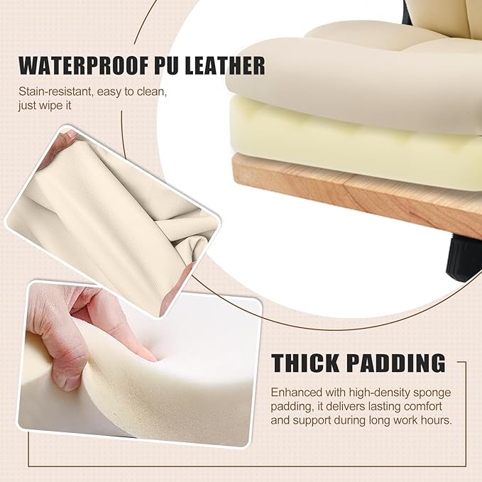 Office Chair, Ergonomic Computer Chair with Flip-up Arms Home Desk Chairs Comfy PU Leather Executive Mid Back Support Adjustable Height Tilt Lock Swivel Rolling Wheels, Beige