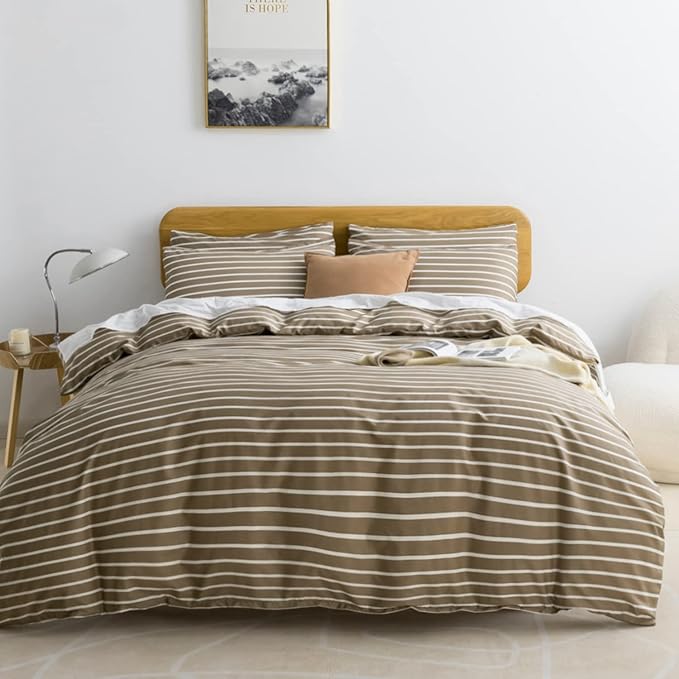 JELLYMONI Queen Duvet Cover Set, Cotton Duvet Cover 3 Pieces with Zipper Closure, 1 Duvet Cover and 2 Pillowcases(Khaki with White Striped)