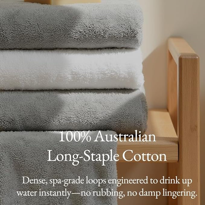 Italic Ultraplush 100% Australian Cotton Towels Standard 6 Piece Set, 2 Bath, 2 Hand, 2 Washcloths, 800GSM Lightweight, Highly Absorbent Quick Dry Soft Resort Grade Towels (Light Gray)