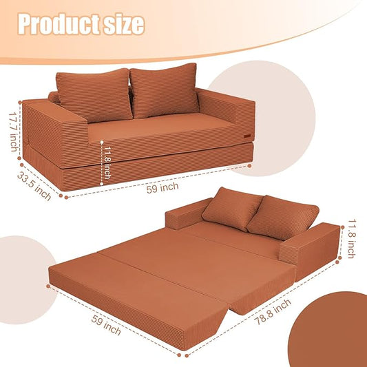 COMAX Convertible Sofa Bed Queen, Corduroy Folding Floor Couch Pull Out Couch Bed Futon Sleeper with Pillows, Fold Out Boneless Sofa Comfy Lounge Mattress Loveseat for Living Room Bedroom