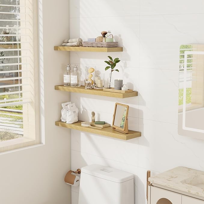 Floating Shelves Wall Shelf 30 Inch Long, Rustic Wood Bathroom Shelves 30 Inch, Farmhouse Home Decor Kitchen Living Room Bedroom Shelves Wall Mounted, 30 x 6.7 x 1.4 Inch, Set of 3, Oak Color