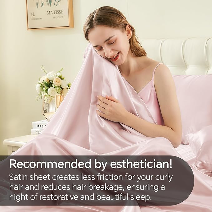 BEDELITE Satin Sheets Twin XL Size Bed Set, Luxury Soft Pink Silky Sheets for Hair and Skin, Similar to Silk Bed Sheets Set 3 Pieces with 1 Deep Pocket Fitted Sheet, 1 Flat Sheet, and 1 Pillowcase
