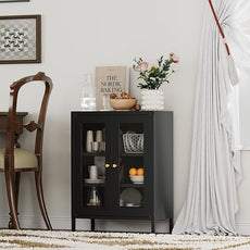 Metal Bathroom Storage Cabinet, Black Sideboard Cabinet with Glass Doors and Adjustable Shelves, Small Metal Cabinets for Kitchen, Living Room, Entryway,Office