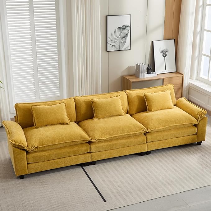 120" Modular Sectional Sofa, Comfy Cloud Couch Sectional Sofa, Chenille Sofa Sleeper Deep Seat Sofa with Throw Pillows for Living Room (Yellow, 120"- 3 Seater)