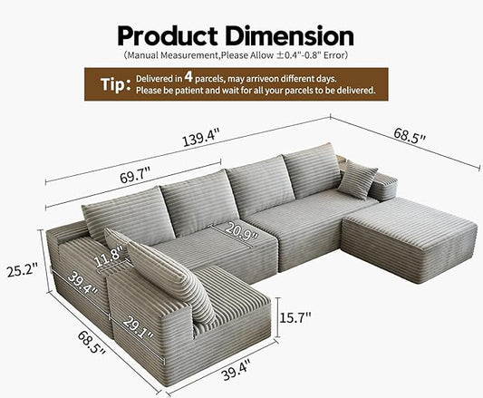 139.4" Modular Sectional Sofa, U-Shaped Minimalist Couches with Ottoman and Middle Seat, Modern Deep Seat Convertible Sleeper Sofa Bed, Reversible Chaise, Cloud Plush Corduroy Fabric,6 Seater, Grey