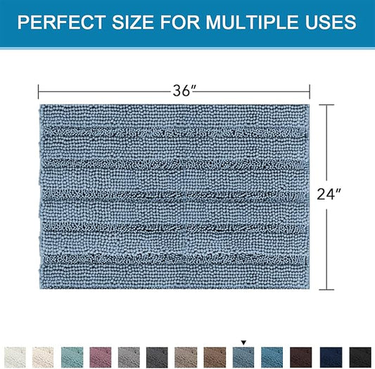 H.VERSAILTEX Bath Mats for Bathroom Non Slip Extra Thick Chenille Striped Bath Rug 24" x 36" Absorbent Non Skid Fluffy Soft Shaggy Rugs Washable Plush Mats for Indoor, Bath Room, Tub - Stone Blue