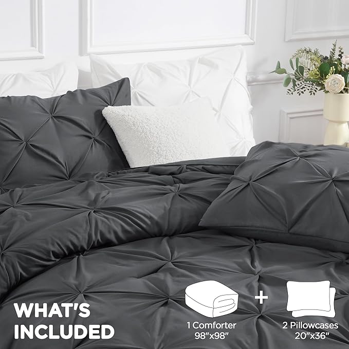Andency Dark Gray Comforter Set Oversized Queen(98x98Inch), 3 Pieces Comforter for Girls Kids, Soft Microfiber Pinch Pleat Comforter Set, All Season Lightweight Bedding Set