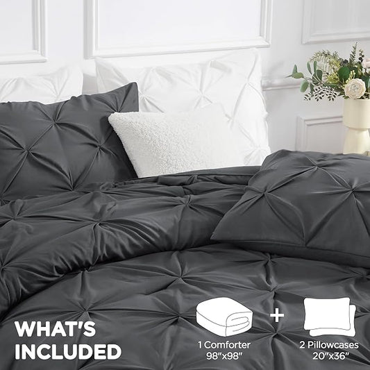Andency Dark Gray Comforter Set Oversized Queen(98x98Inch), 3 Pieces Comforter for Girls Kids, Soft Microfiber Pinch Pleat Comforter Set, All Season Lightweight Bedding Set