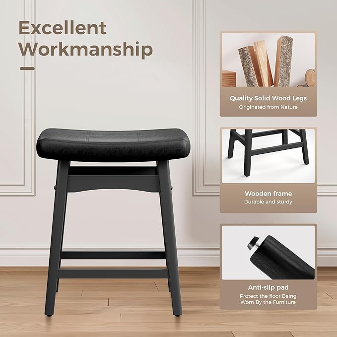 MAISON ARTS Black Counter Height Bar Stool for Kitchen Counter Solid Wood Legs with Faux Leather Saddle Seat Farmhouse Barstool for 34"-38" Counter Island Upholstered Stool, 24in Height, 1pc