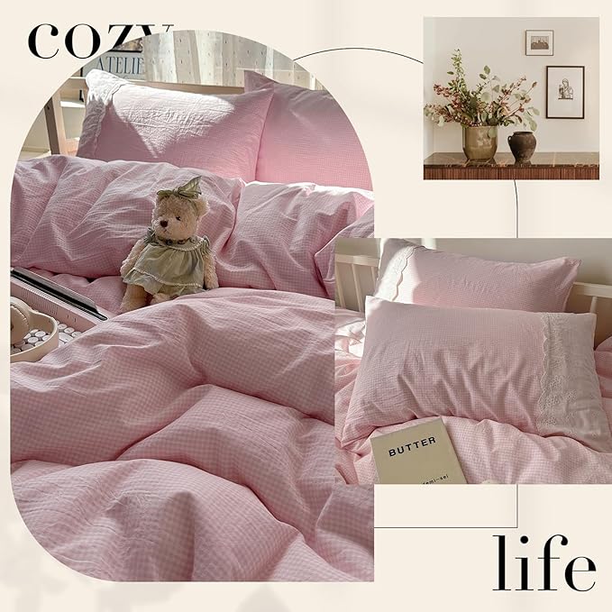 mixinni Pink Gingham Duvet Cover Full Size - 3 Piece Cottagecore Plaid Bedding Set with Lace Trim, Soft Washed Microfiber Vintage Aesthetic Grid Comforter Cover & Pillow Shams, (Pink White Gingham)