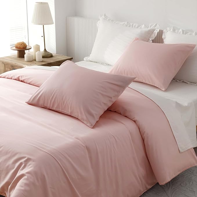 HeimenAogo Egyptian Cotton Duvet Cover Queen Size Sateen Weave, Silky Soft and Breathable Bedding Set with Zipper Closure, Extra-Long Staple Cotton Bed Linen Cherry Blossoms Pink 3Pcs