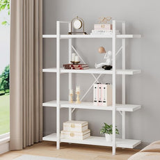 HSH 4 Tier White Bookshelf, Modern 4 Shelf Etagere Bookcase, Industrial Wood and Metal Storage Shelves and Display Book Rack, Farmhouse Open Wide Book Shelf for Bedroom Living Room Office, White Oak