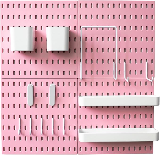 Pegboard Combination Kit, Wall Mounted Storage Set with 4 Pegboards & 14 Accessories Hanging, Pink Peg Boards Organizer for Walls Display, Crafts Organization, Kitchen Organizer, 22" x 22"