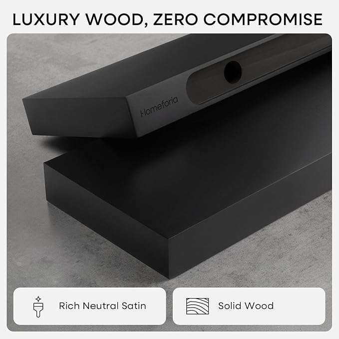 Homeforia Black Floating Shelves 30 inches Long, High End Solid Real Wood 30 inch Floating Shelf for Wall Mounted, Black Wooden 30in Floating Shelves, Heavy Duty Bracket, 30 X 6.5 X 1.75 in, Set of 3