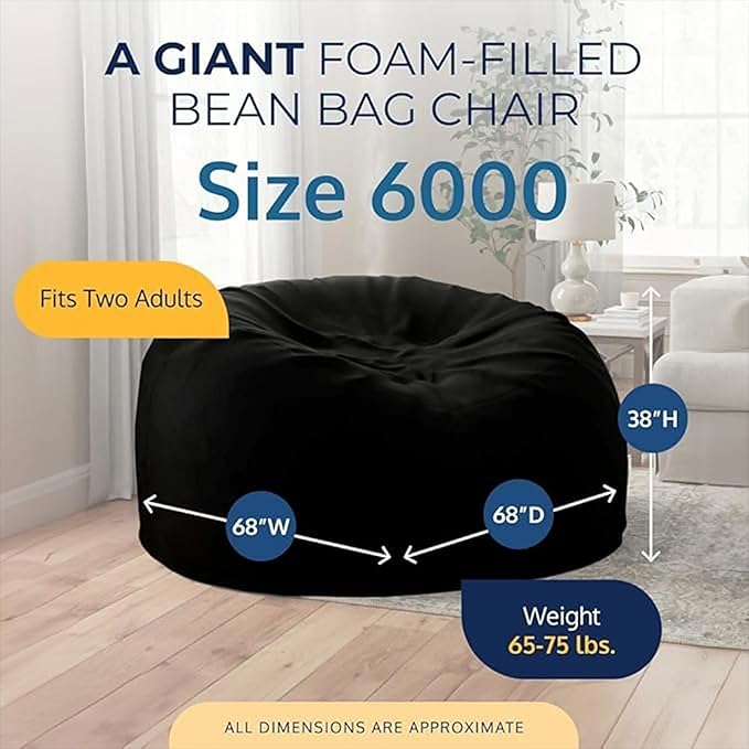 ULTIMATE SACK 6000 6-Foot Bean Bag Chair, Black Suede Cover – Oversized Foam Lounger, Floor Seat, Small Sofa, or Couch Bed for Living Area, Gaming Room, or Reading Lounge