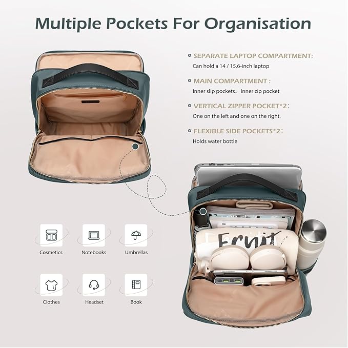 GOLF SUPAGS Stylish Laptop Backpack for Women Airline Approved Perfect for Work College and Travel Multi-Functional Casual Daypack Fits 15.6 Inch Notebook (Atrovirens)