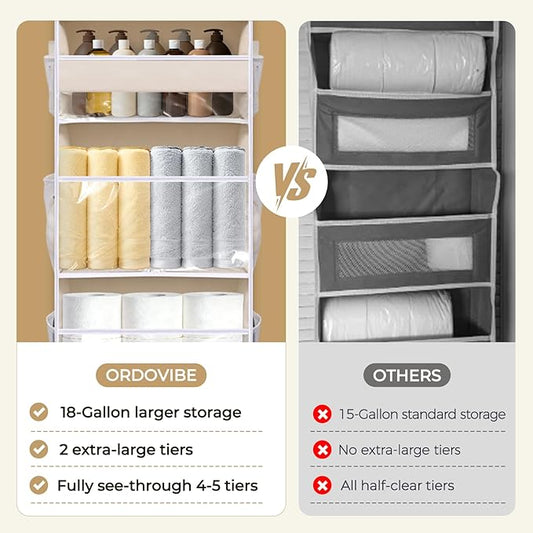 5 Tiers Over Door Organizer with 10 Mesh Side Pockets, 50 lbs Weight Capacity Hanging Storage Organizer with Clear Window Kids Toys, Shoes, Diapers, Beige