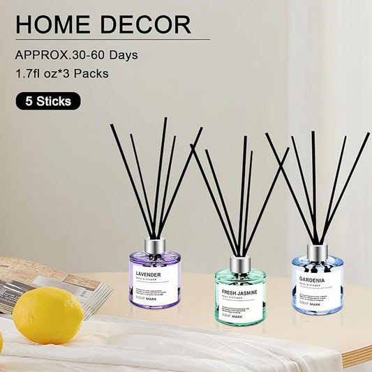 Reed Diffuser Set of 3 Pack,50ML Lavender Jasmine Gardenia Scented Oil Diffuser with 5 Sticks,Home Fragrance Reed Diffuser for Bedroom Bathroom Office (Lavender/Jasmine/Gardenia)