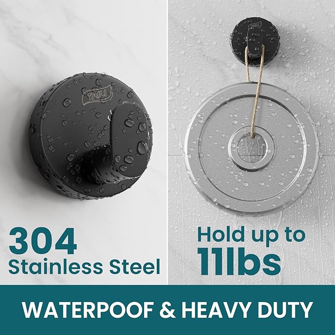 TAILI Stylish 304 Stainless Steel Bathroom Suction Hooks for Towel, Bathrobe, Loofah, No Damage Hanging Glass Shower Wall Hook, Patented Strong Suction Cup Holder, Hold Up to 11 Lbs, I-Cylinder Black