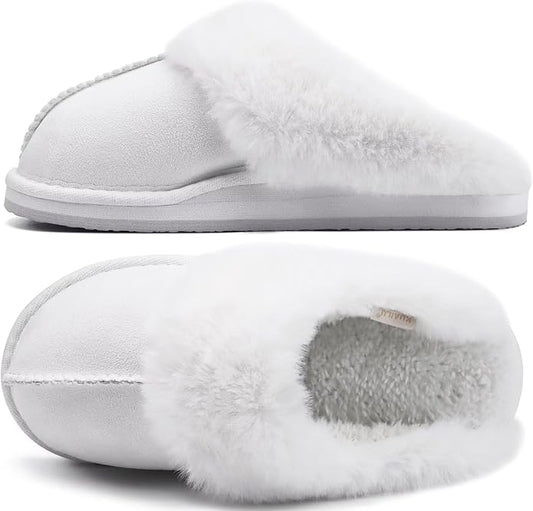KuaiLu Womens Fluff Dual Memory Foam Slippers Ladies Cozy Arch Support Warm Scuff Slippers Slip on Comfy Winter House Shoes with Non-Slip Indoor Outdoor Hard Sole
