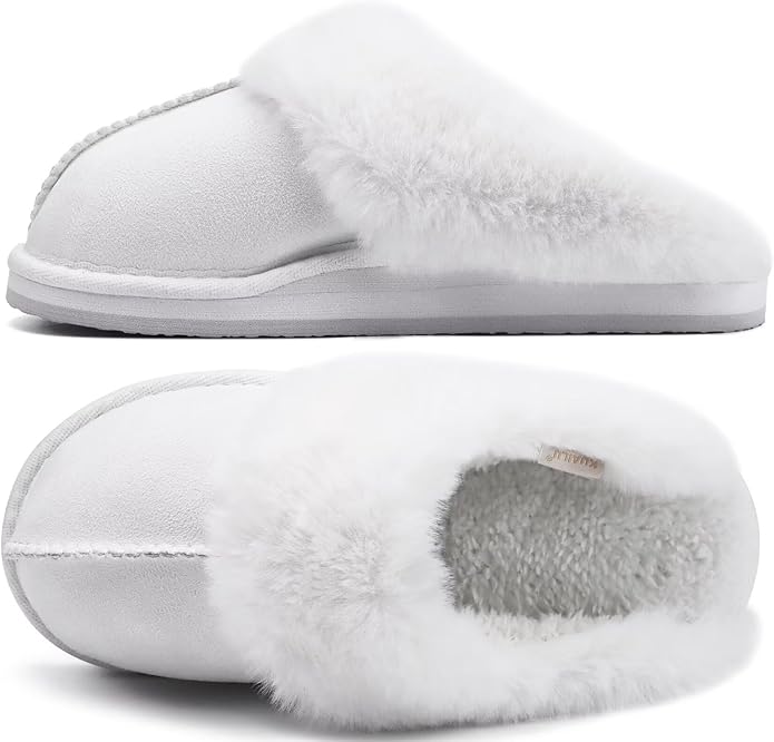 KuaiLu Womens Fluff Dual Memory Foam Slippers Ladies Cozy Arch Support Warm Scuff Slippers Slip on Comfy Winter House Shoes with Non-Slip Indoor Outdoor Hard Sole