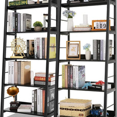 Himimi Black Ladder Bookshelf, 5 Shelf Bookcase Industrial Bookshelf Wood and Metal Bookshelves, Plant Flower Stand Rack Book Storage Shelves for Living Room, Bedroom, Home Office (2 PCS)