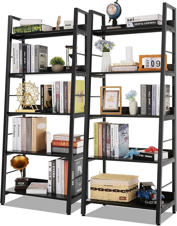Himimi Black Ladder Bookshelf, 5 Shelf Bookcase Industrial Bookshelf Wood and Metal Bookshelves, Plant Flower Stand Rack Book Storage Shelves for Living Room, Bedroom, Home Office (2 PCS)