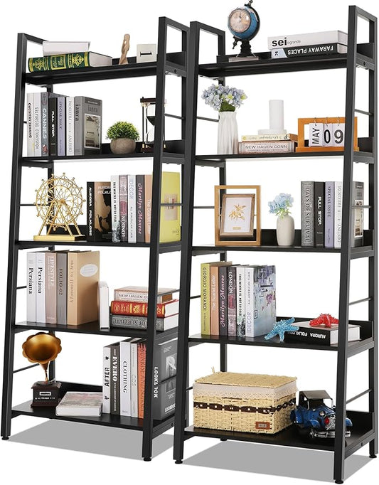 Himimi Black Ladder Bookshelf, 5 Shelf Bookcase Industrial Bookshelf Wood and Metal Bookshelves, Plant Flower Stand Rack Book Storage Shelves for Living Room, Bedroom, Home Office (2 PCS)