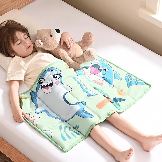 anfie Weighted Lap Pad 2 Pounds, Weighted Blanket Kids(20"*30") Cooling Blanket for Sleeping,Weighted Throw Blanket for Travel Indoor Outdoo(Green Shark)