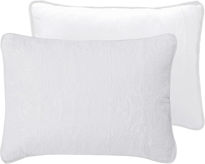 Easy-Going Full/Queen Size Reversible Quilt Set with 1 Quilt and 2 Pillow Shams, Soft Bed Quilt Cover, Water Resistant Lightweight Microfiber Bedspread, Stain Resistant, Damask-White/White