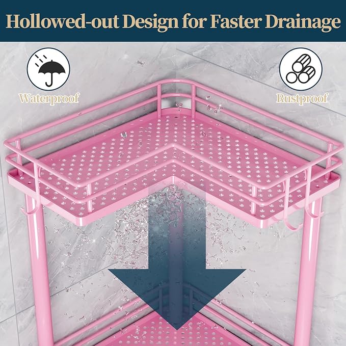 Consumest Corner Shower Caddy Standing - 3-Tier Stainless Steel Shower Organizer with Soap Holder and 4 Hooks, Large Capacity Corner Shelf Stand for Bathroom, Rest Room, Pink
