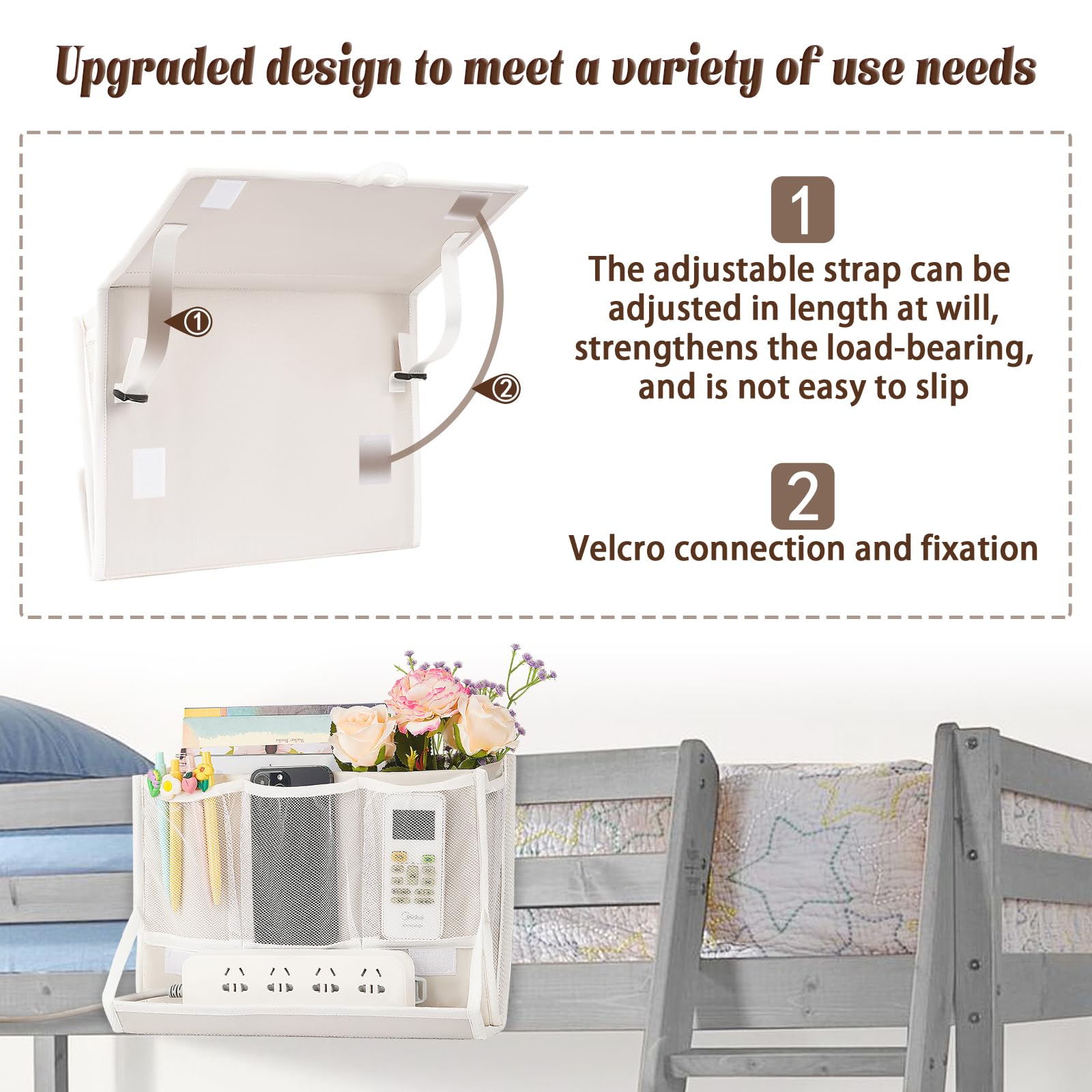 Bedside Caddy Bedside Storage Organizer Bedside Organizer with Power Strip Holder and 2 Adjustable Straps for Home Bunk Bed College Dorm Sofa (White) Dormly