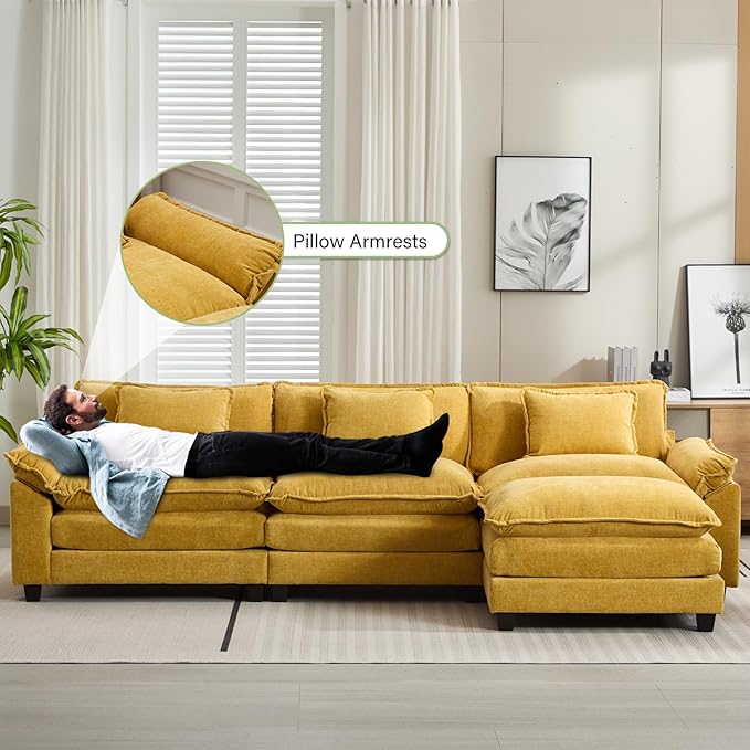 120" Modular Sectional Sofa, Comfy Cloud Couch Sectional Sofa with Ottoman, Chenille Sofa Sleeper Deep Seat Sofa with Throw Pillows for Living Room (Yellow, 120"- L Shape)