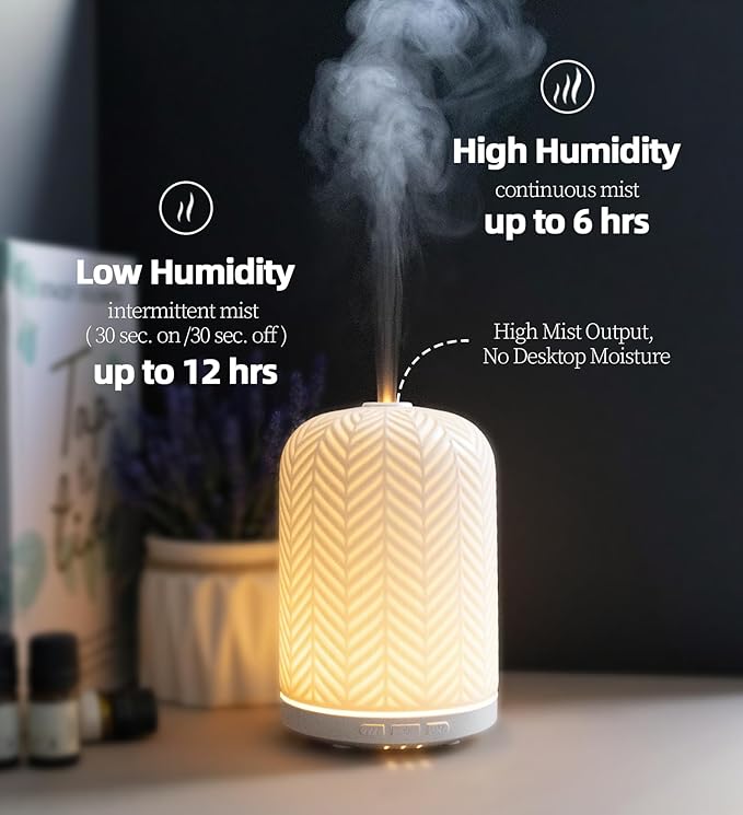 Essential Oil Diffuser – 2.4MHz Ultrasonic Aromatherapy Diffuser, Health Night Light, Timer & Auto Shut-Off, BPA-Free, 120ml Ceramic Oil Diffuser for Bedroom, Office, Spa, Yoga