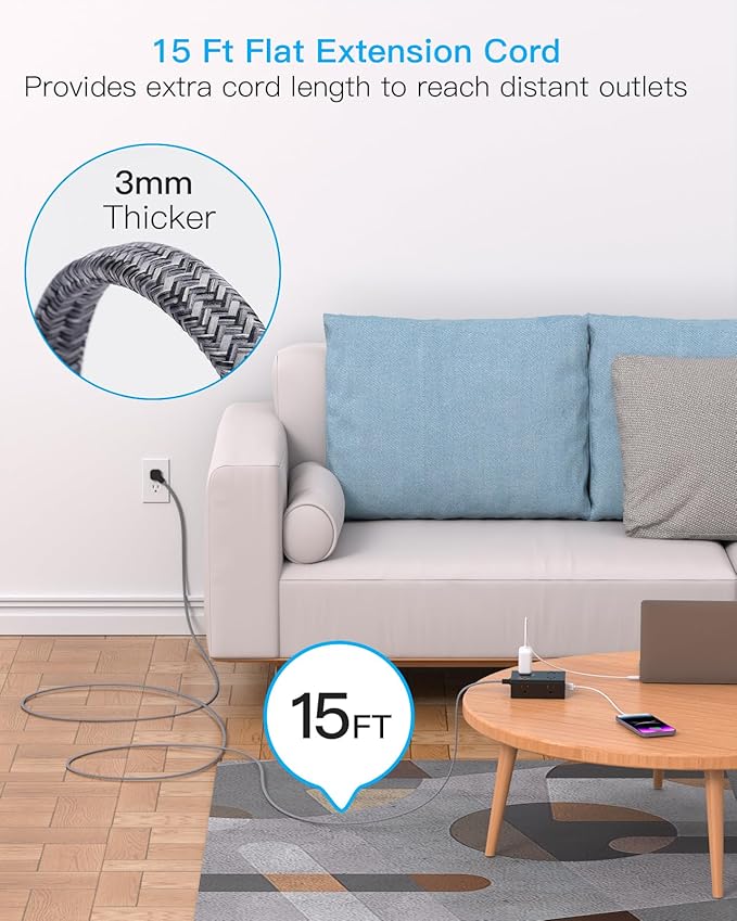 Surge Protector Power Strip 15 Ft Cord, Ultra Thin Flat Extension Cord with 8 Outlets 4 USB Ports(2 USB C), Flat Plug Power Strip, 15 Ft Long Braided Power Cord for Home, Office, Dorm Essentials - BK