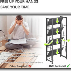 4NM No Assembly Folding Bookshelf Storage Shelves 4 Tiers Vintage Bookcase Standing Racks Study Organizer Home Office (All Black)