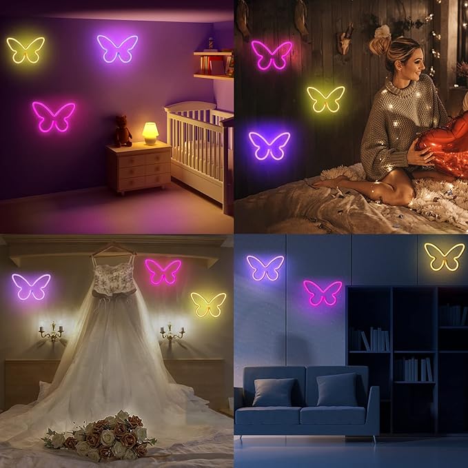BRIGHTDECK 3 Pcs Butterfly Neon Signs, Neon Light for Bedroom, USB or 3-AA Battery Powered LED Wall Décor for Valentines Day Birthday Gift, Wedding, Party, Home Decor (Pink, Purple, Warm white)