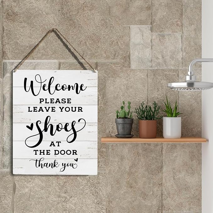Front Door Welcome Sign, Please Remove Your Shoes Signs, No Shoes Sign for Home, Wooden Hanging Plaque 10 x 8 Inch, For Home Porch Entrance Decoration