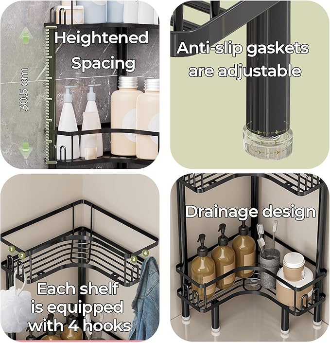 Free Standing 3 Tier Shower Caddy with 4 Hooks on Each Shelf Waterproof Corner Organizer Corner for Bathroom Kitchen Large Capacity Shower Rack(Black)