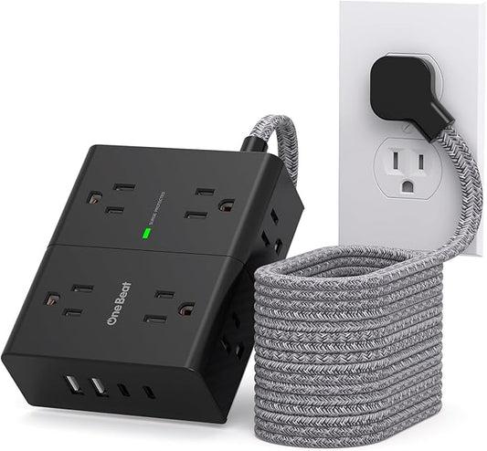 10Ft Extension Cord with Multiple Outlets, Flat Plug Power Strip Surge Protector 10 Ft Long Cord, 8 Outlet 4 USB Ports (2 USB C), Multi Outlet Wall Plug for Office, College Dorm Essentials - Black